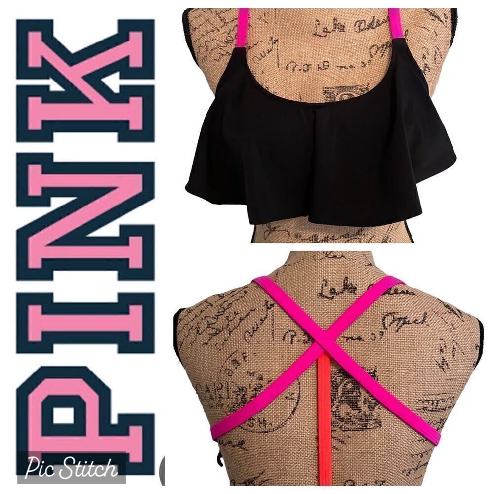 EUC PINK Victoria’s Secret Black Pink Strappy Back Removable Padding Bikini Top